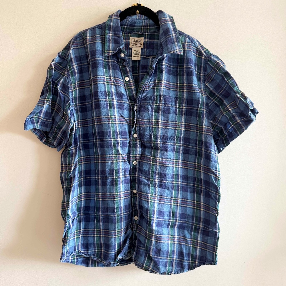 L.L.Bean 100% Linen Plaid Shirt Men's Large Blue Short Sleeve Button Up